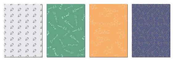 Templates for covers of scientific books and notebooks, educational printed materials. Seamless patterns with fountain pens, physical and chemical formulas, electrical circuits. vector