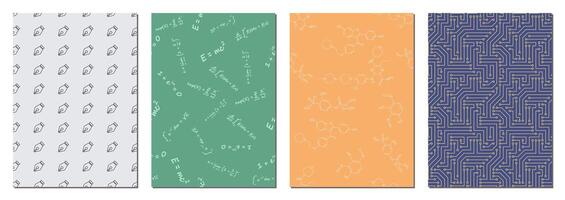 Templates for covers of scientific books and notebooks, educational printed materials. Seamless patterns with fountain pens, physical and chemical formulas, electrical circuits. vector