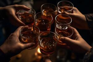 ai generado grupo de amigos disfrutando alcohol bebidas joven personas manos aplausos a bar restaurante. neural red ai generado foto