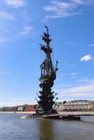 Moscow, Russia-August, 2023. Moskva river and Peter the Great Statue. Sculpture by Zurab Tsereteli. photo