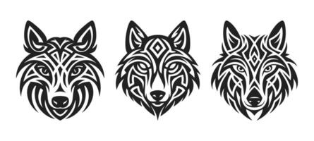 Tribal tattoo of the wolf head in Celtic and Nordic ornament flat style design vector illustration set.