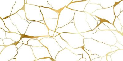 Gold kintsugi repair cracks background texture vector illustration isolated on white background. Broken foil marble pattern with golden dry cracks. Wedding card, cover or print pattern Japanese motif.