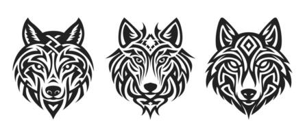 Tribal tattoo of the wolf head in Celtic and Nordic ornament flat style design vector illustration set.