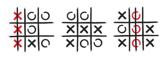 Tic tac toe xo game hand drawn grid doodle template vector illustration set isolated on white background