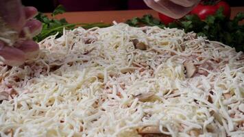 Closeup hand of chef baker in white uniform making pizza at kitchen. Frame. Cooking pizza. the workpiece poured tomato sauce. Chef sprinkles cheese pizza, a lot of cheese on a pizza, cooking process video