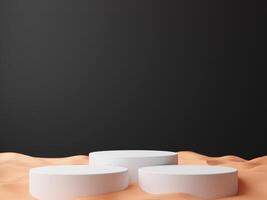 Simple blank black gradient background with product display platform on sand floor. Empty studio with circle podium pedestal on a black backdrop with sand. photo