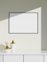 Frame mockup on the wall. Poster mockup. Clean, modern, minimal frame. Empty frame Indoor interior, show text or product photo