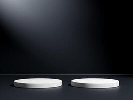 blanco podio o pedestal monitor en oscuro antecedentes con plataforma. blanco producto estante en pie fondo. foto
