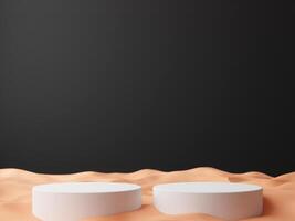 Simple blank black gradient background with product display platform on sand floor. Empty studio with circle podium pedestal on a black backdrop with sand. photo