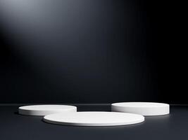 White podium or pedestal display on dark background with platform. Blank product shelf standing backdrop. photo