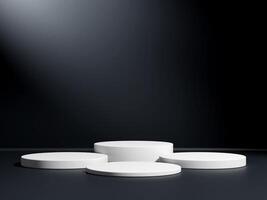 White podium or pedestal display on dark background with platform. Blank product shelf standing backdrop. photo
