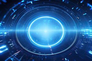 AI generated Futuristic Blue Neon Light Circle on Digital Technology Background photo