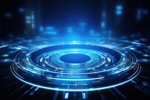 AI generated Futuristic Blue Neon Light Circle on Digital Technology Background photo