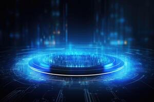 AI generated Futuristic Blue Neon Light Circle on Digital Technology Background photo