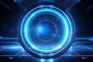 AI generated Futuristic Blue Neon Light Circle on Digital Technology Background photo