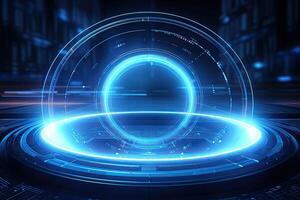 AI generated Futuristic Blue Neon Light Circle on Digital Technology Background photo