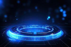 AI generated Futuristic Blue Neon Light Circle on Digital Technology Background photo