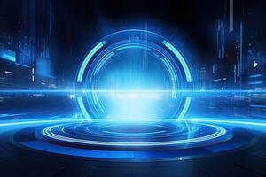 AI generated Futuristic Blue Neon Light Circle on Digital Technology Background photo