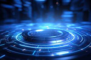 AI generated Futuristic Blue Neon Light Circle on Digital Technology Background photo