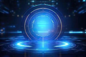 AI generated Futuristic Blue Neon Light Circle on Digital Technology Background photo