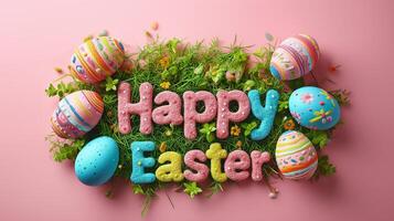 AI generated Happy Easter Greeting Amidst Colorful Eggs photo