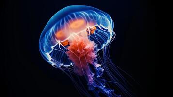 ai generado bioluminiscente Medusa danza en medianoche azul foto