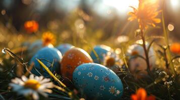 AI generated Sunlit Easter Eggs in Vibrant Grass photo