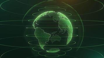 animatie wereldbol met punt wereld kaart hud en infographic diagram bar element spinnen Aan donker achtergrond. animatie van abstract gegevens met wereldbol van aarde in digitaal ruimte. globaal bedrijf achtergrond. animatie video