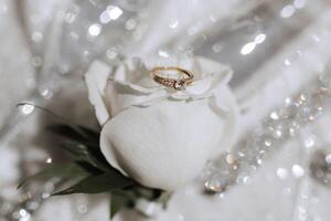 un oro Boda anillo con un diamante soportes en un blanco Rosa. Mañana de el novia foto