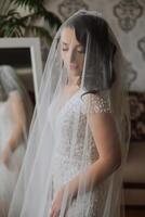 A wonderful beautiful portrait of a young bride. Beautiful bride with wedding makeup and jewelry wreath on long curly hair. Wedding photo model with brown eyes in a beautiful interior.