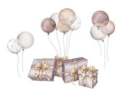 nuevo año y cumpleaños beige regalo cajas con oro arcos acuarela mano dibujo ilustración en aislar blanco antecedentes. elemento pastel colores. aire globos para fiesta fiesta o bebé ducha vector