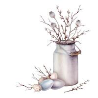 Watercolor illustration bouquet of willow branches and tree dry branch without leaves in metal can. Easter quail eggs and chicken color painted eggs. Isolated on a white background. For easter design vector