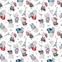 French style animals seamless pattern. Cute cartoon Parisian cat and scottish vector illustration. balloons hearts and Eiffel tower. French style dressed cats with red beret and striped frock.