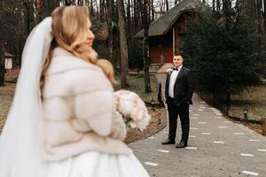 el novia y novio son caminando cerca el hotel y posando, contento y disfrutando el día, participación manos. un largo tren en el vestido. invierno Boda foto