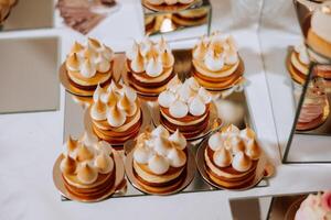 almendra galletas y varios dulce pasteles para un Boda banquete. un delicioso recepción, un lujoso ceremonia. mesa con dulces y postres delicioso vistoso francés postres en un plato o mesa. foto