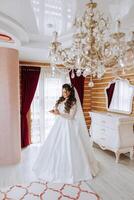 A wonderful beautiful portrait of a young bride. Beautiful bride with wedding makeup and jewelry wreath on long curly hair. Wedding photo model with brown eyes in a beautiful interior.