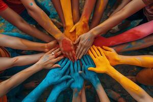 AI generated Colorful Hands of Unity, Holi Joy photo