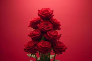 AI generated Stack of red. romantic roses on red background for Valentines day photo