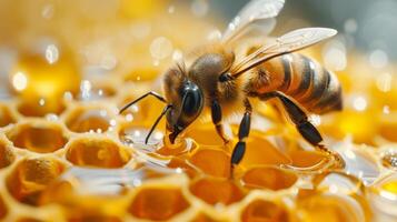 ai generado abeja cosecha, néctar reunión cerca arriba foto