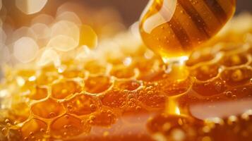 AI generated Golden Honey Drizzle on Honeycomb Bliss photo