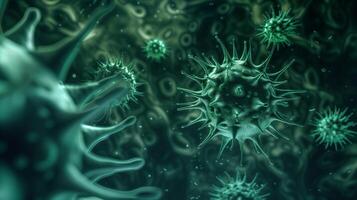 ai generado microscópico verde virus partículas invasión foto
