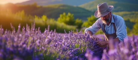 AI generated Senior Gardener Cultivating Lavender in Sun Drenched Field photo