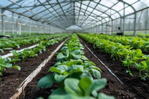 ai generado sostenible invernadero crecimiento, joven planta filas foto