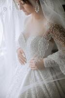 Beautiful bride wearing a white wedding dress with sleeves, front view. The dress is embroidered with beads and flowers photo