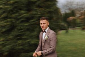 The groom in a brown suit adjusts his jacket, poses against the background of green trees. Wedding portrait. photo