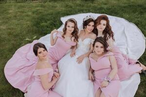 Group portrait of the bride and bridesmaids. Bride in a wedding dress and bridesmaids in pink or powder dresses and holding stylish bouquets on the wedding day. photo