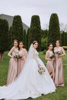 Group portrait of the bride and bridesmaids. Bride in a wedding dress and bridesmaids in pink or powder dresses and holding stylish bouquets on the wedding day. photo