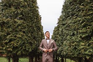 The groom in a brown suit adjusts his jacket, poses against the background of green trees. Wedding portrait. photo