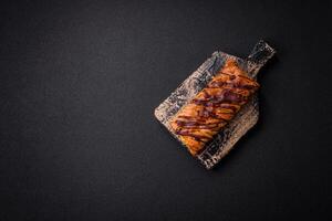 Delicious crispy sweet puff pastry with chocolate and salted caramel photo