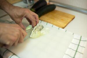 caucásico hombre corte cebolla dentro piezas foto